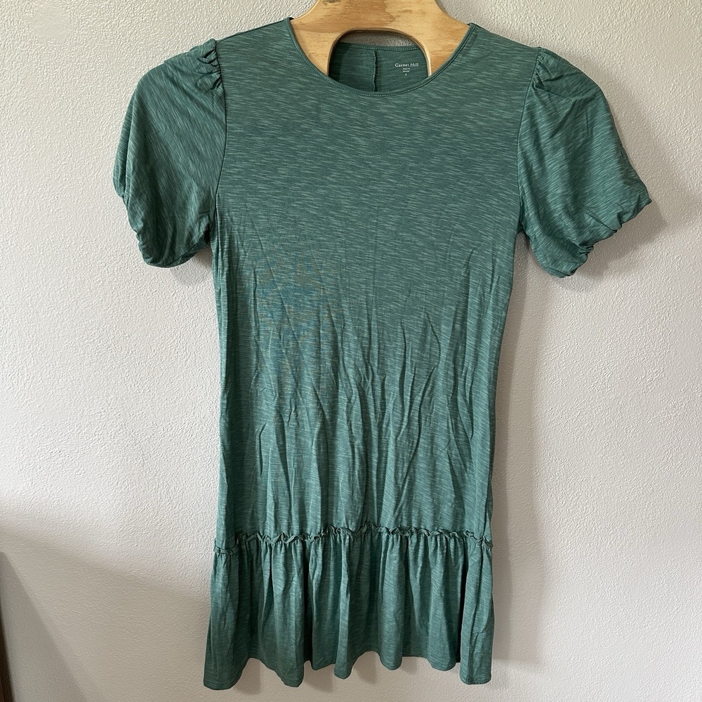 Garnet Hill Organic-Cotton & Tencel Ruffle Detail Dress Small Green Puff Sleeve